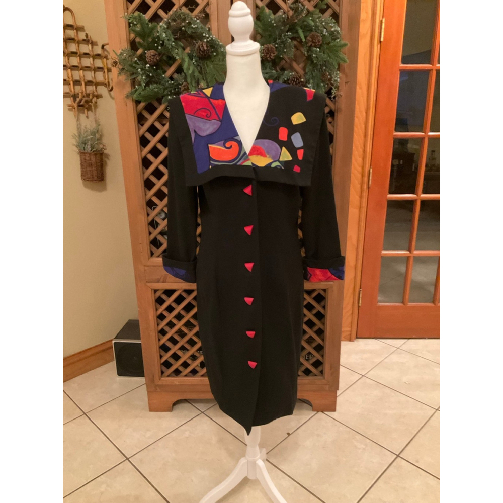 Vintage 80s Tobias & Co. Abstract Artsy Print Button Front Coat Dress Size 6

S
